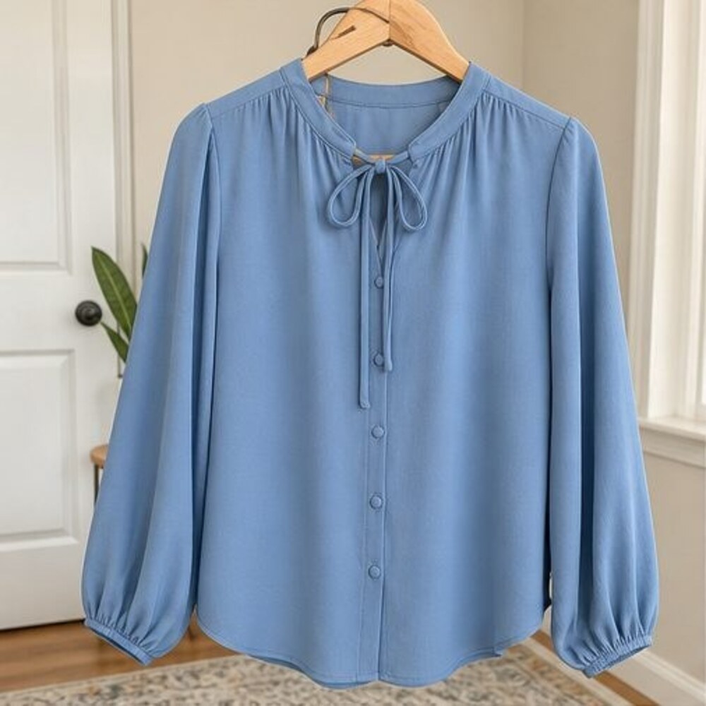 Blue Tie Neck Blouse